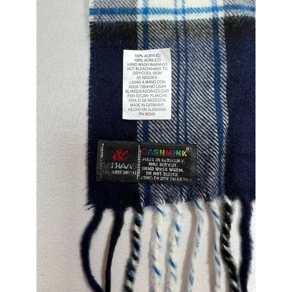 V. Fraas Cashmink Acrylic Scarf Check Plaid Blue Green White